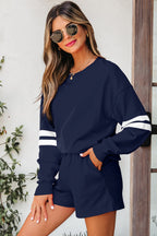 Varsity Striped Sleeve Drop Shoulder Sweatshirt and Short Set