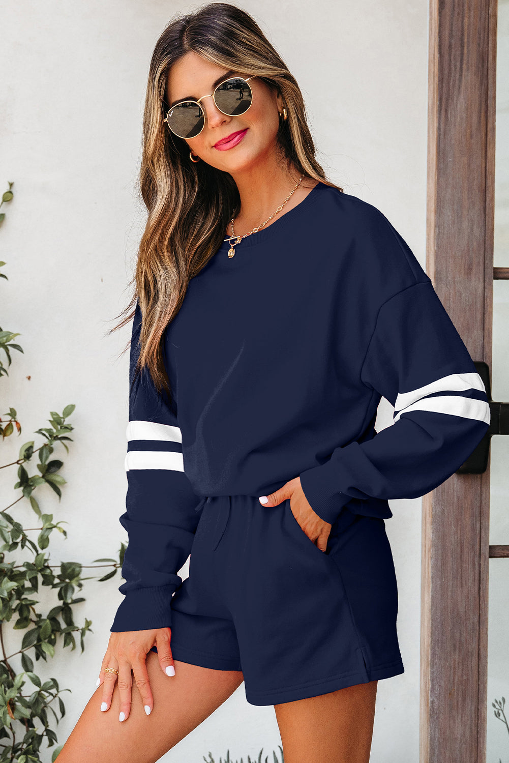 Varsity Striped Sleeve Drop Shoulder Sweatshirt and Short Set