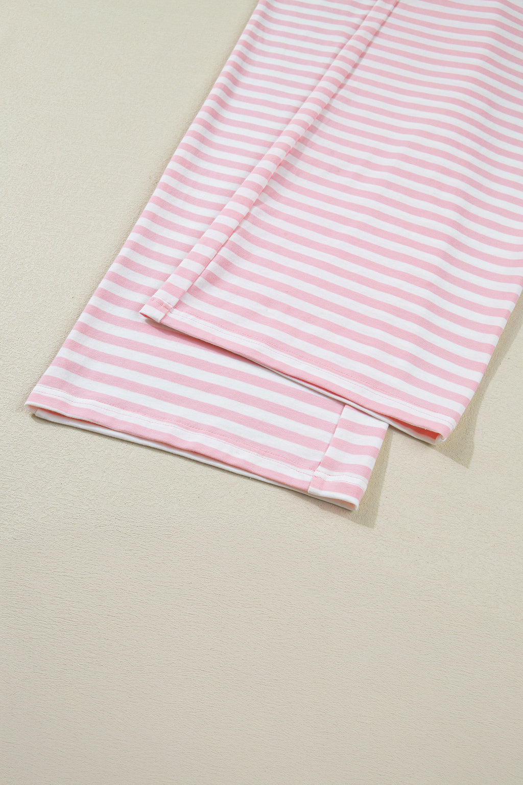 Pink Stripe Drop Shoulder Round Neck Top and Buttoned Straight Pants Two Piece Set