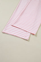 Pink Stripe Drop Shoulder Round Neck Top and Buttoned Straight Pants Two Piece Set