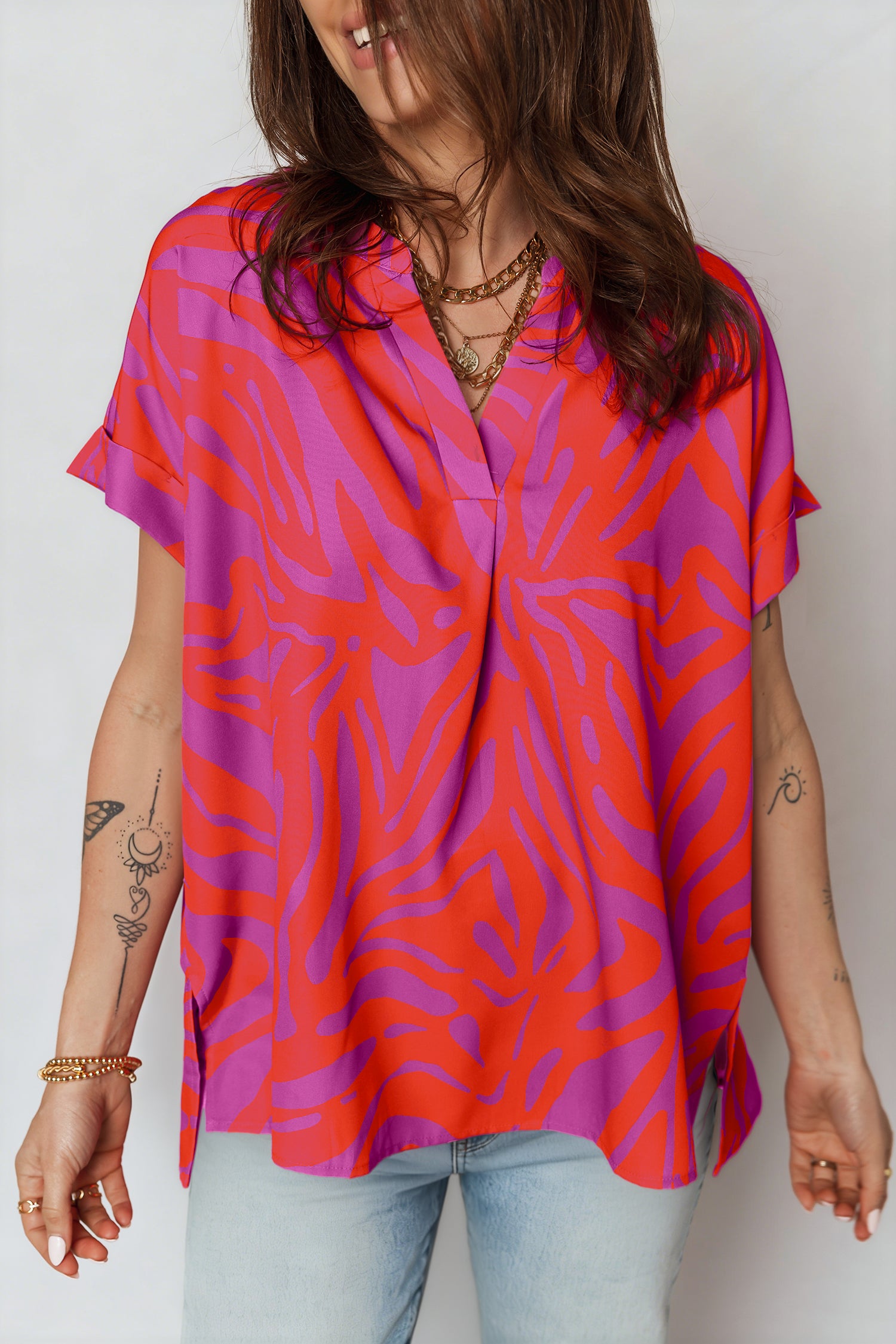 Multicolour Abstract Print V Neck Cuffed Short Sleeve Shift Slit Blouse