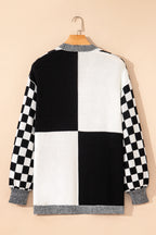 Black Checkered Bubble Sleeve Drop Shoulder Open Plus Size Cardigan