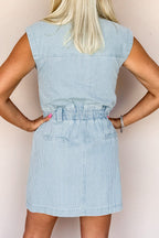Sky Blue Stripe Collared Button Front Sleeveless Denim Mini Dress