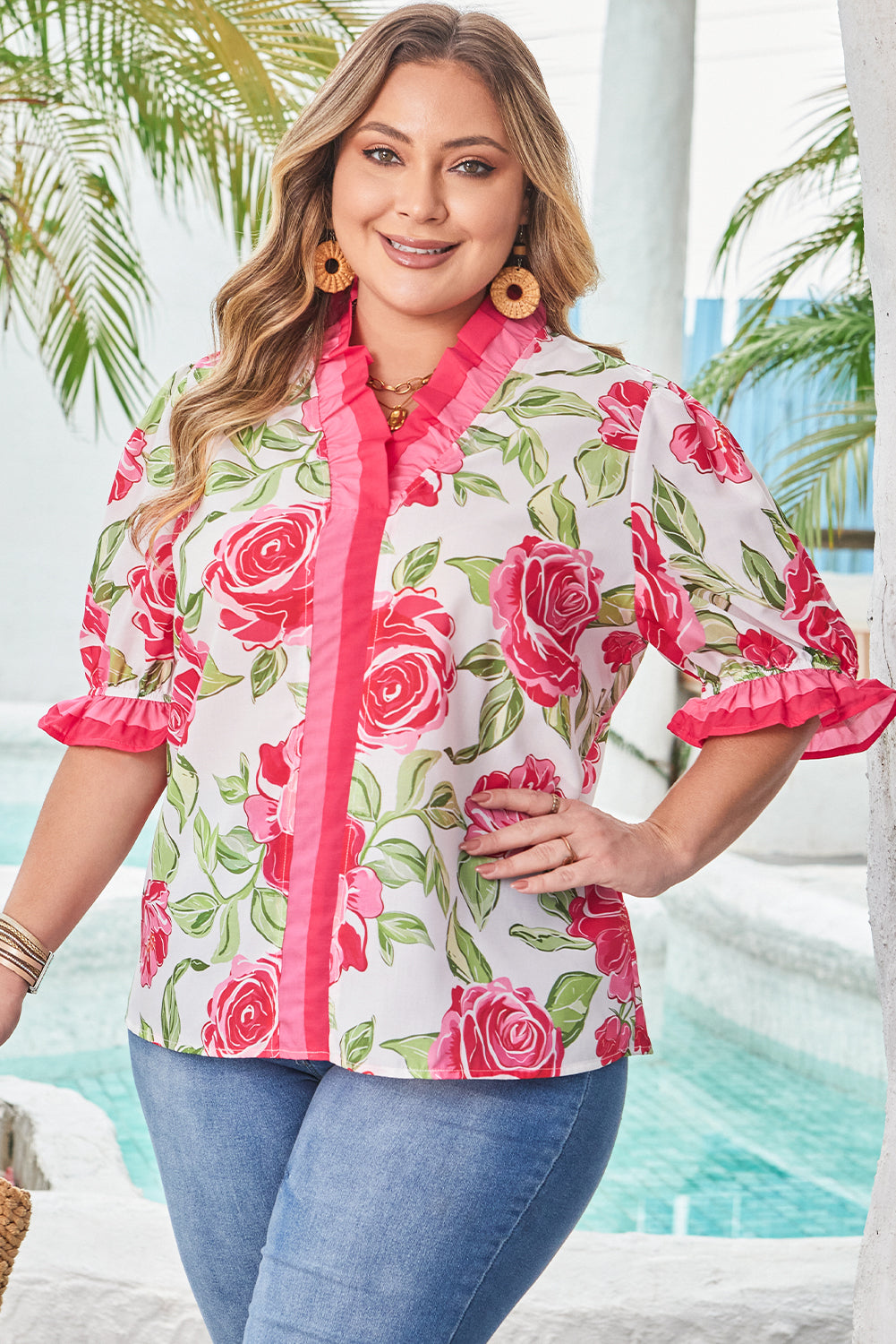 Rose Plus Size Floral Print Frilled Stripes Detail Short Sleeve Blouse