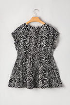 Black Leopard Print Ruffled Short Sleeve Keyhole Back Tiered Flowy Plus Size Blouse