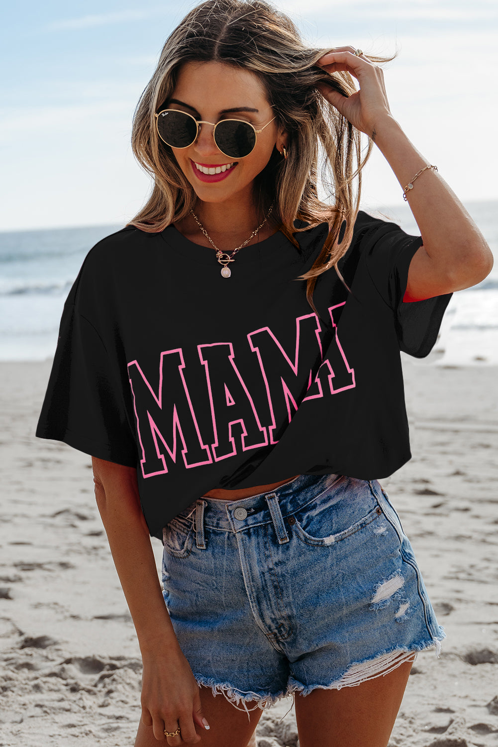 Light Blue MAMA Letter Graphic Neon T Shirt