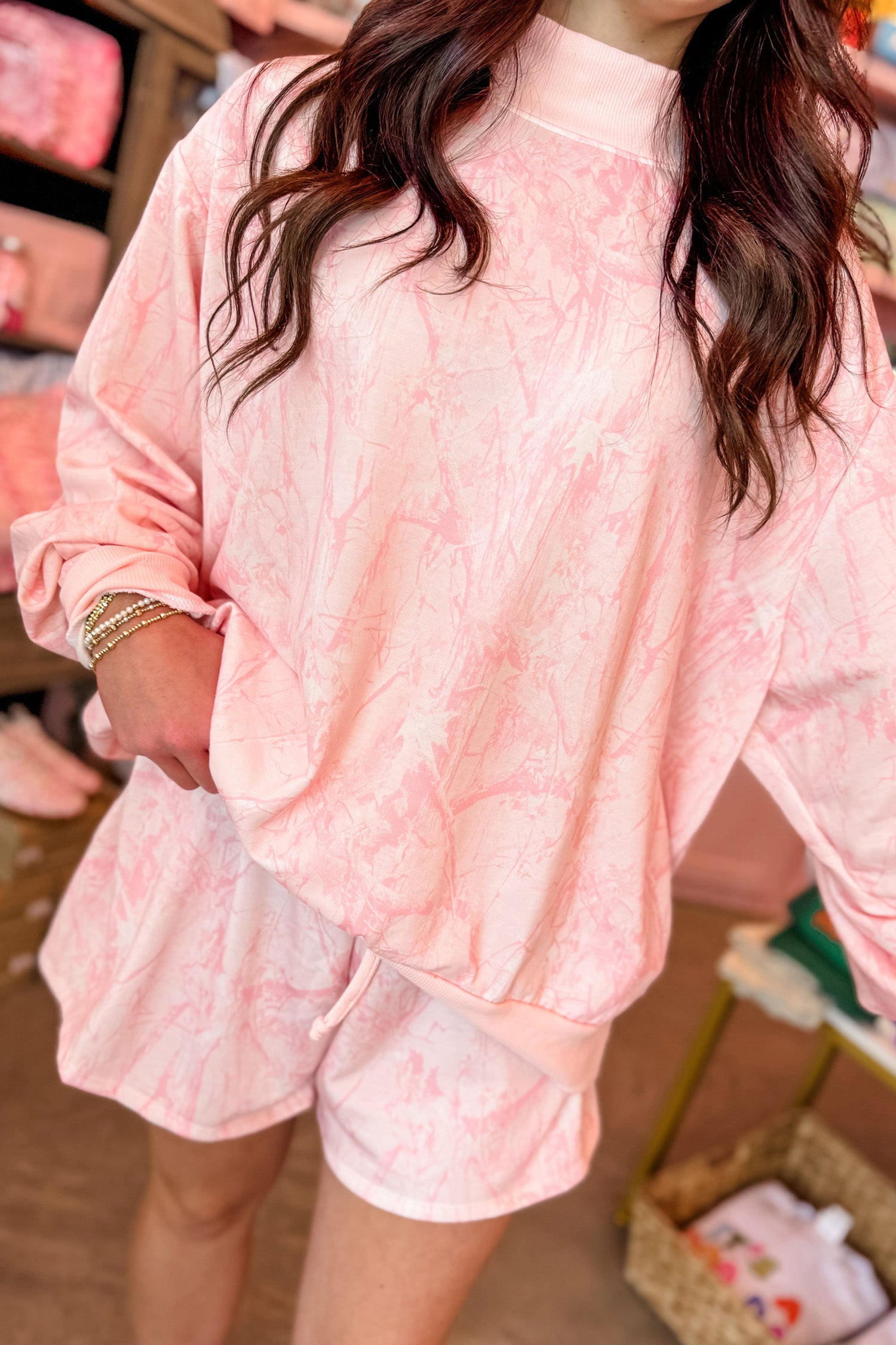 Pink Mock Neck Pullover and Shorts Camo Set