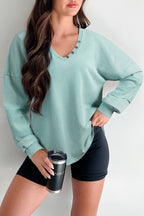 Mist Blue Mineral Wash Exposed Seam Buttoned V Neck Pullover Top
