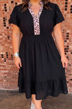 Black Leopard V Neck Patchwork Smocked Waist Plus Size Ruffled Dress