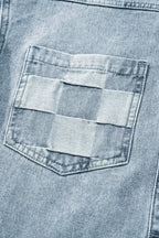 Beau Blue Denim Checkered Pattern Patchwork Womens Casual Jacket