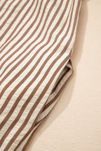 Khaki Stripe Square Button Leopard Trim Loose Bracelet Sleeve Shirt Dress