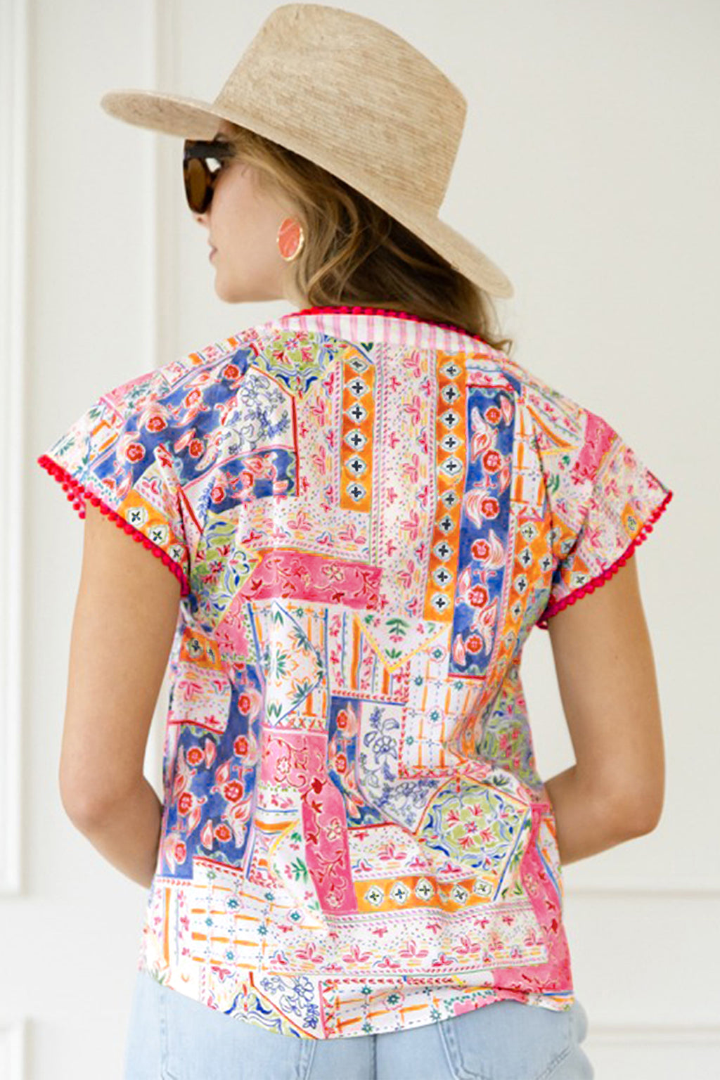 Red Mixed Print V Neck Short Sleeve Blouse