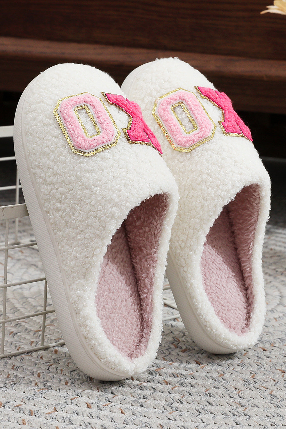 XO XO Glitter Trim Letter Patched Plush House Slippers