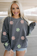Gray Christmas Candy Sequin Graphic Ribbed Corded Baggy Sweatshirt