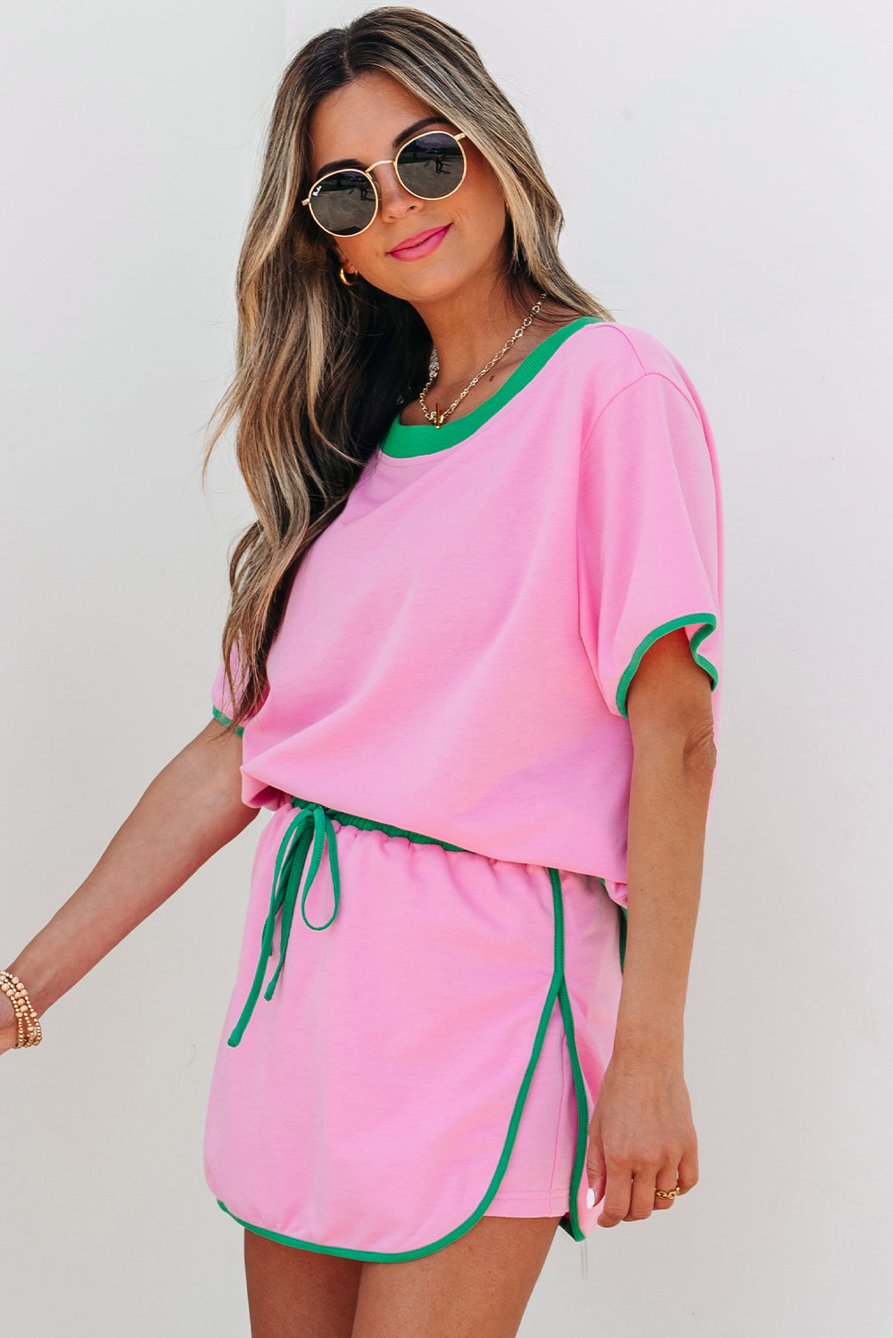 Evergreen Colorblock Edge Drop Shoulder T Shirt and Skort 2Pcs Set