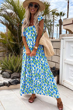 Floral Print Square Neck Ruffled Strap Maxi Dress