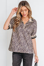 Brown Leopard Print Half Zip Striped Trim Patchwork Short Sleeve Top