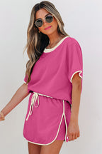 Evergreen Colorblock Edge Drop Shoulder T Shirt and Skort 2Pcs Set