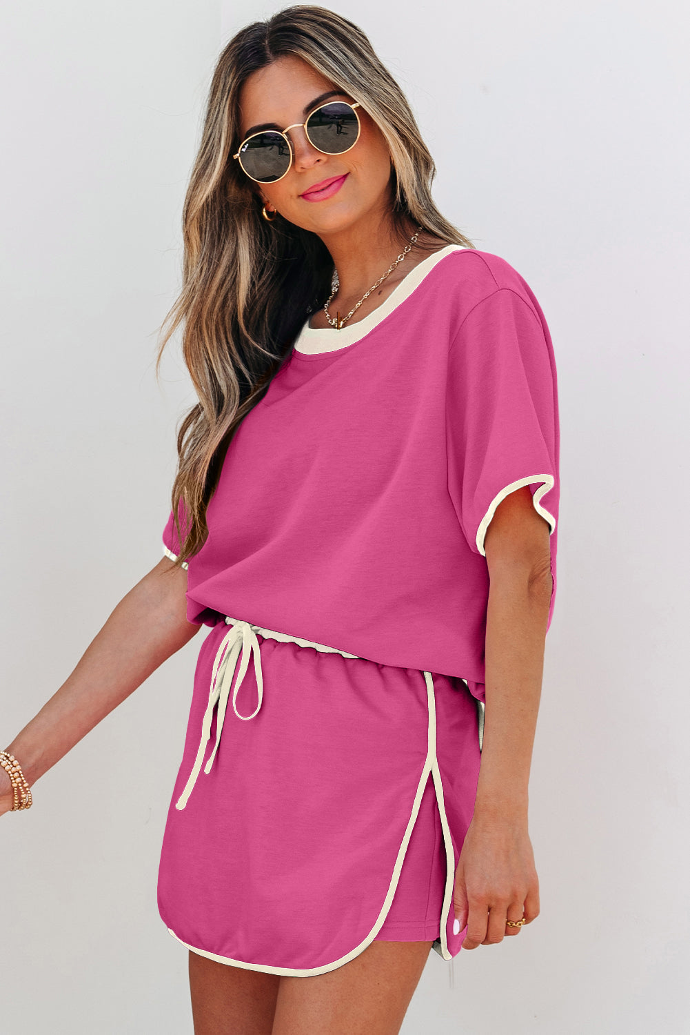 Rose Red Colour block Edge Drop Shoulder T Shirt and Skorts 2Pcs Set