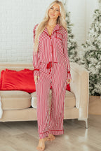 Striped Contrast Velvet Trim Bow Knot Waist 2pcs Pyjama Set