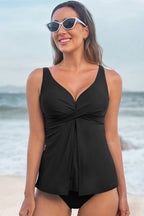 Black Crossed V Neck Adjustable Strap Babydoll Tankini Top