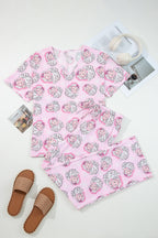 Pink Santa Claus Print V Neck Tee Drawstring Pants 2pcs Lounge Set