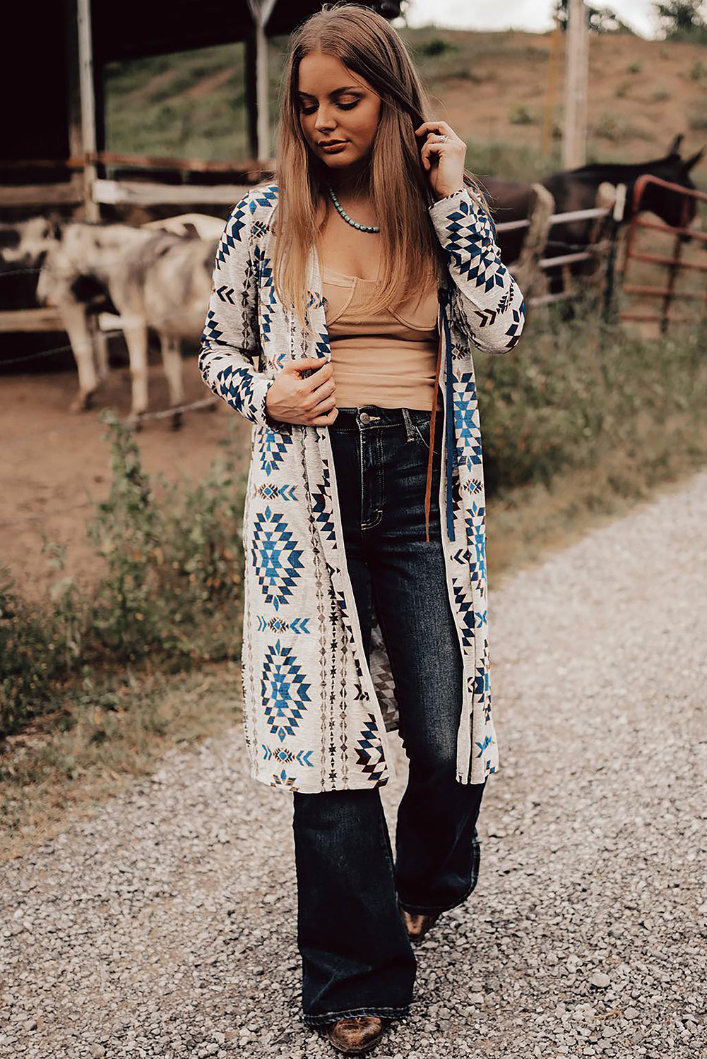 Western Aztec Printed Open Front Long Cardigan