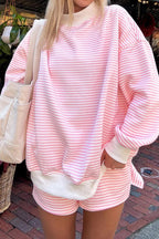 Pink Stripe Oversize Mock Neck Sweatshirt and Shorts Set