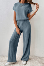 Dark Grey Ribbed Keyhole Short Sleeve Wide Leg Jumpsuit