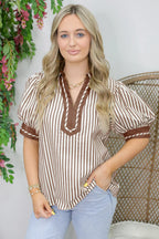 Khaki Stripe Collared Split Neck Short Bubble Sleeve Blouse