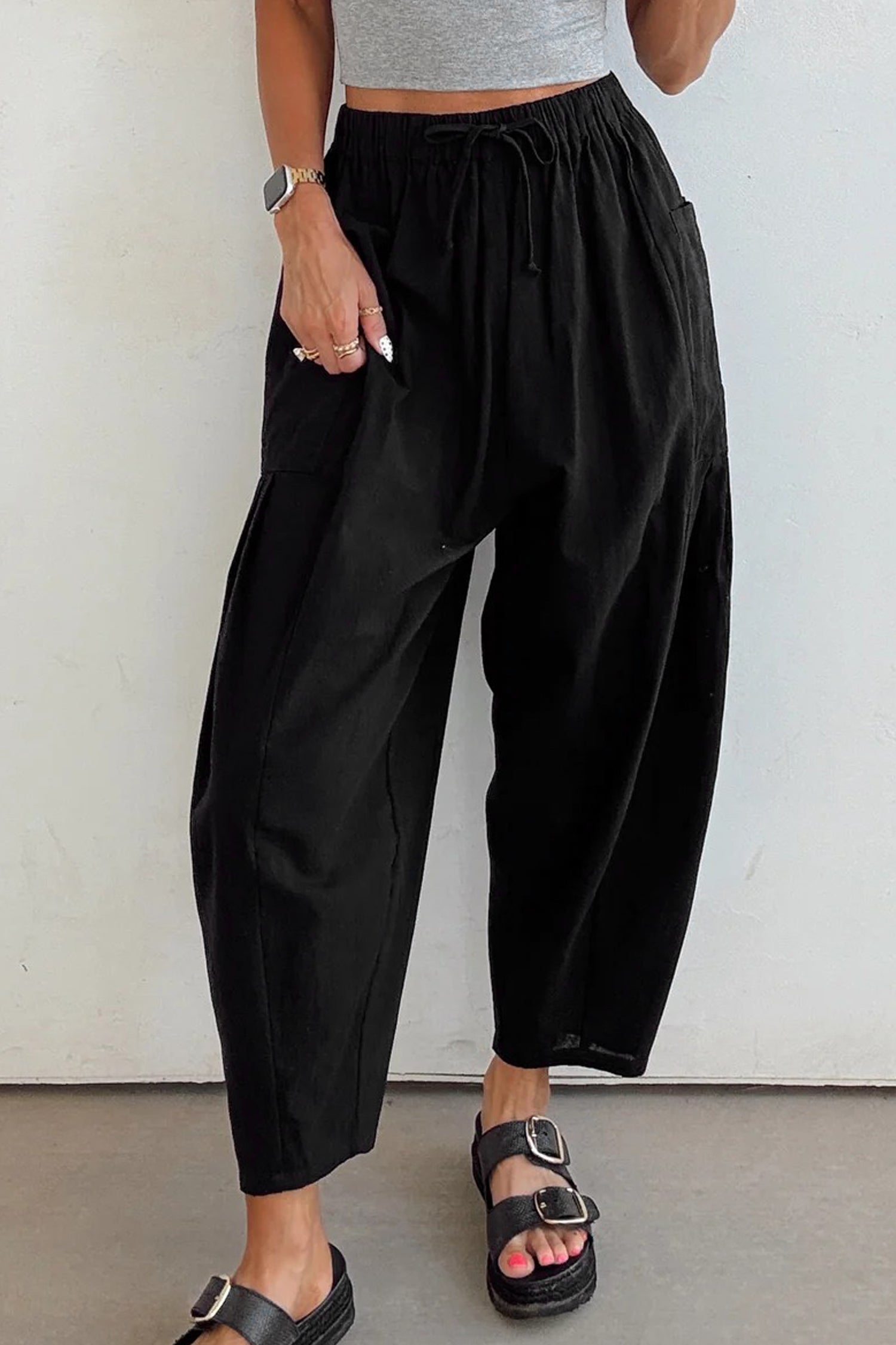 Drawstring Elastic Waist Patch Pocket Barrel Leg Casual Pants