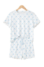 Pink Bow Knot Geometric Print Lettuce Trim Two Piece Lounge Set