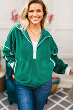 Dark Green Half Zip Contrast Trim Pocketed Plus Size Fleece Sweatshirt