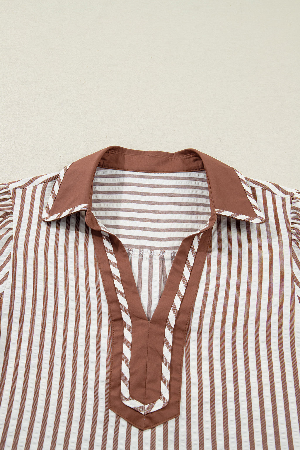 Khaki Stripe Collared Split Neck Short Bubble Sleeve Blouse