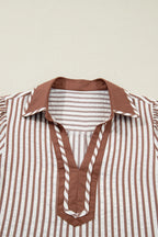 Khaki Stripe Collared Split Neck Short Bubble Sleeve Blouse