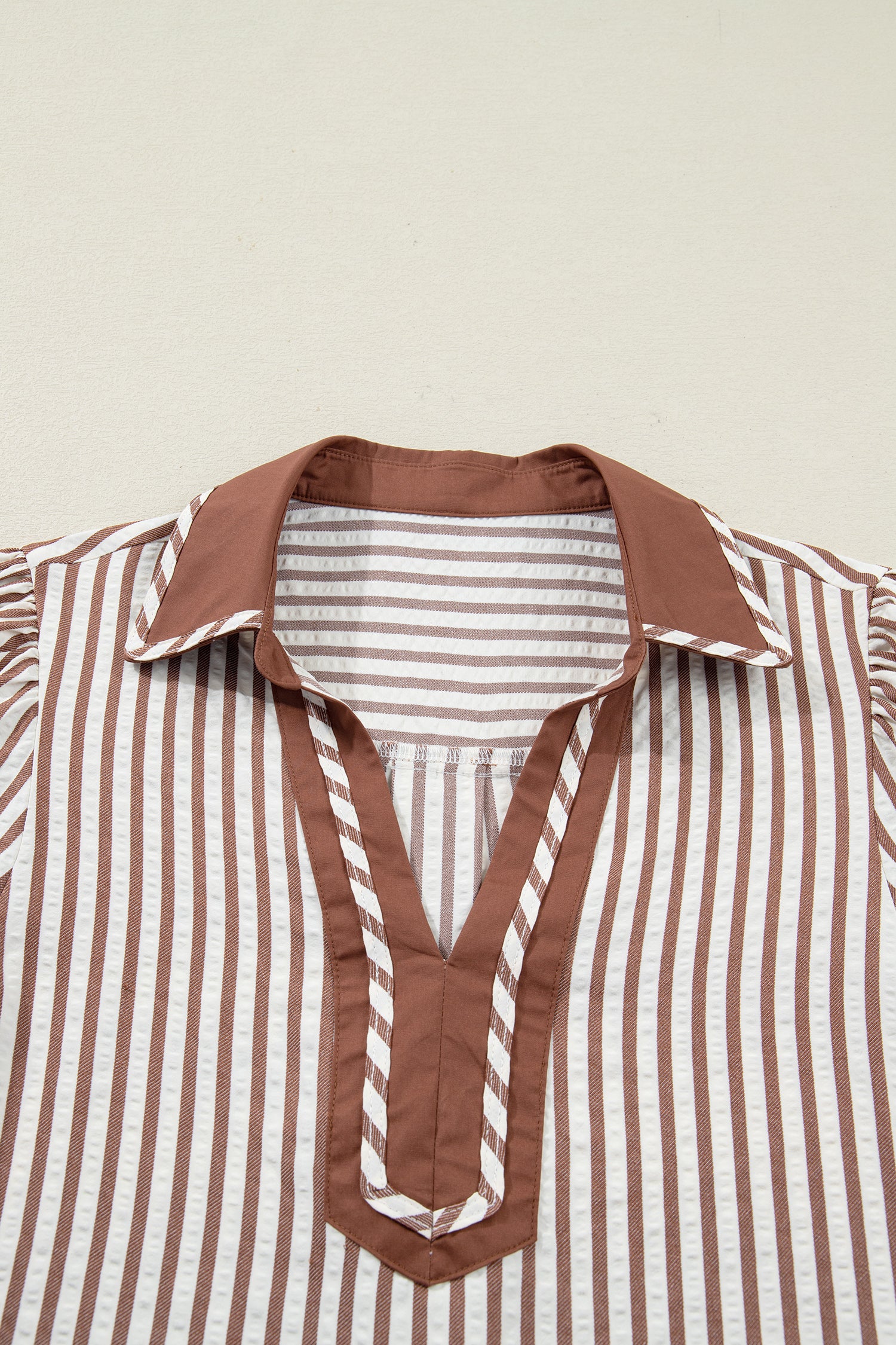Khaki Stripe Collared Split Neck Short Bubble Sleeve Blouse