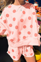 Polka Dot Print Drop Shoulder Pullover Drawstring Shorts Set