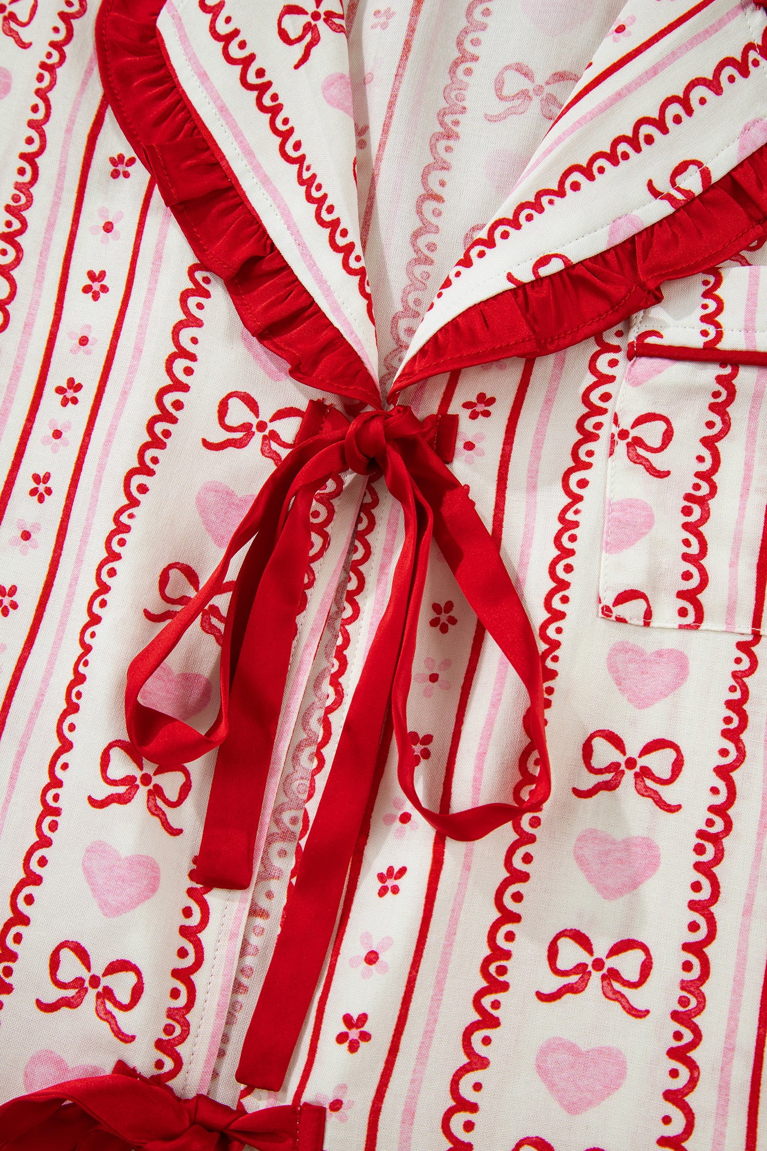 Red Sweet Floral Heart Bow Print Contrast Trim Long Sleeve Shirt Pyjama Short Set