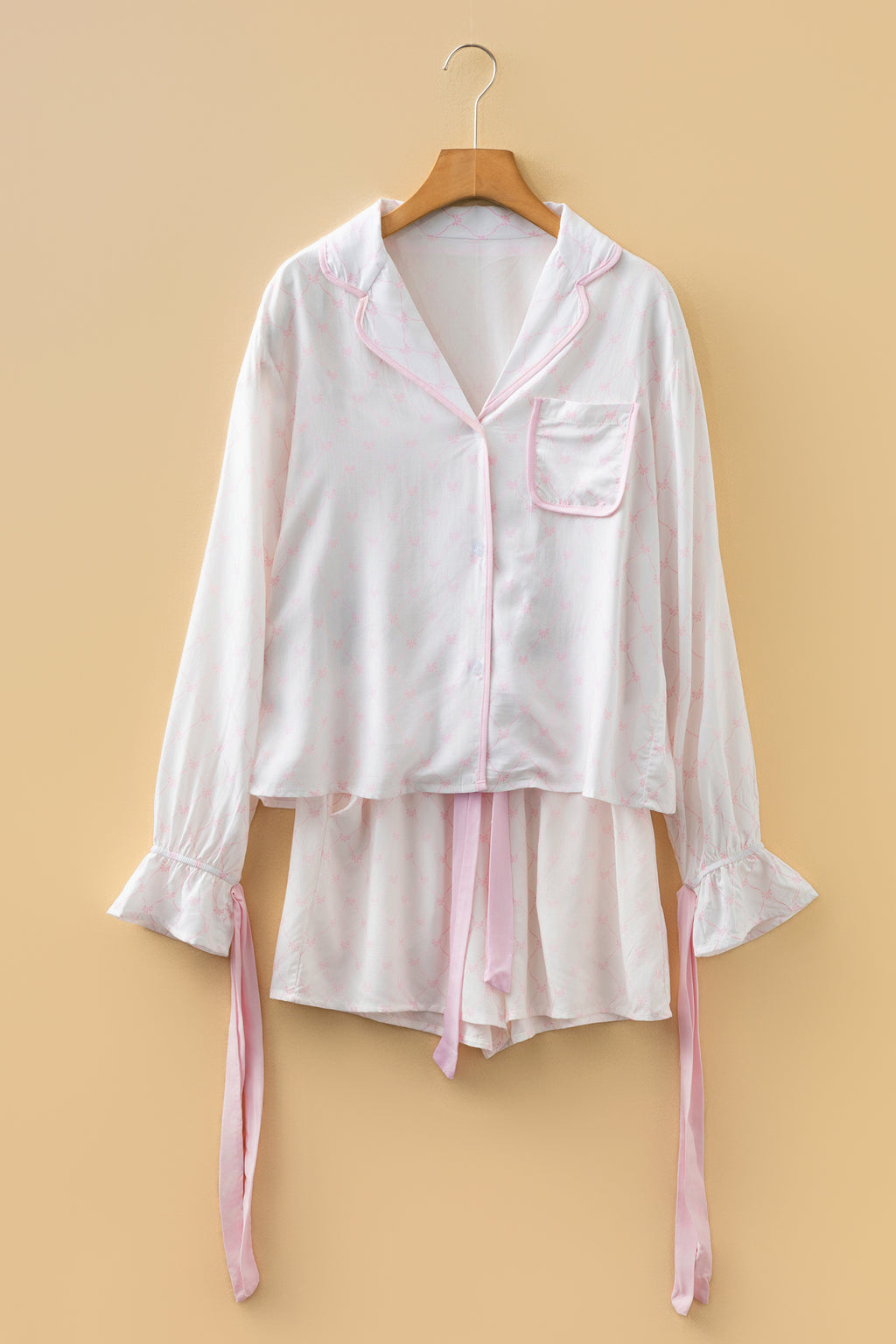 Pink Bow Lattice Print Bow Ties 2pcs Pyjama Set