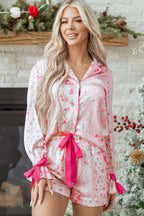 Pink Mixed Floral Print Contrast Piping Trim Satin Tie 2pcs Pajama Set