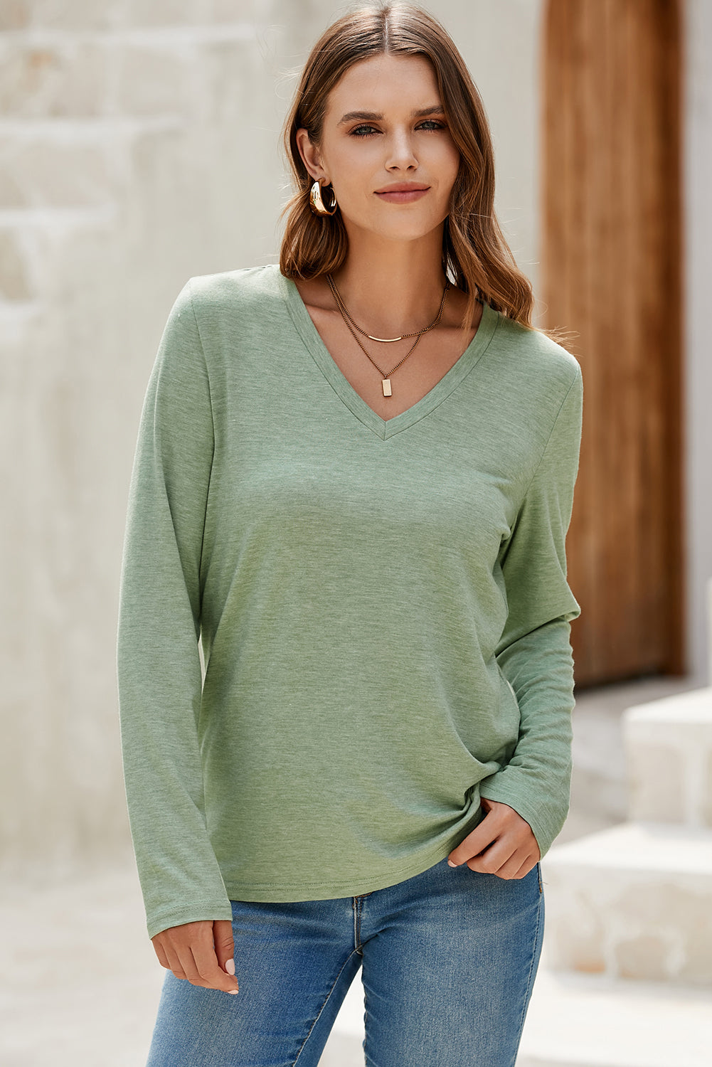 Grass Green Solid Color V Neck Long Sleeve Stretchy Top