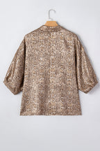 Brown Polo Collared V Neck Short Sleeve Metallic Leopard Blouse