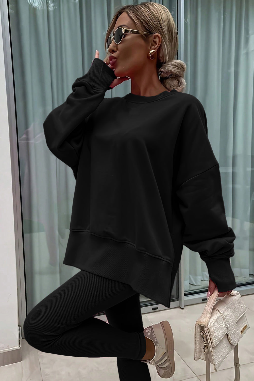 Solid Color Oversize Slit Sweatshirt Ribbed Leggings 2pcs Set
