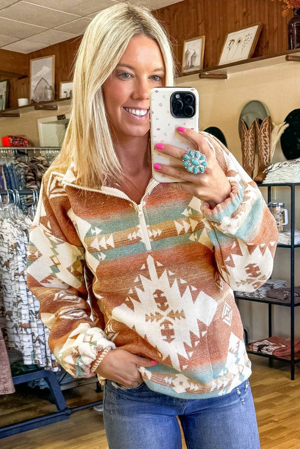 Green Quarter Zip Elastic Cuffs Aztec Sweatshirt