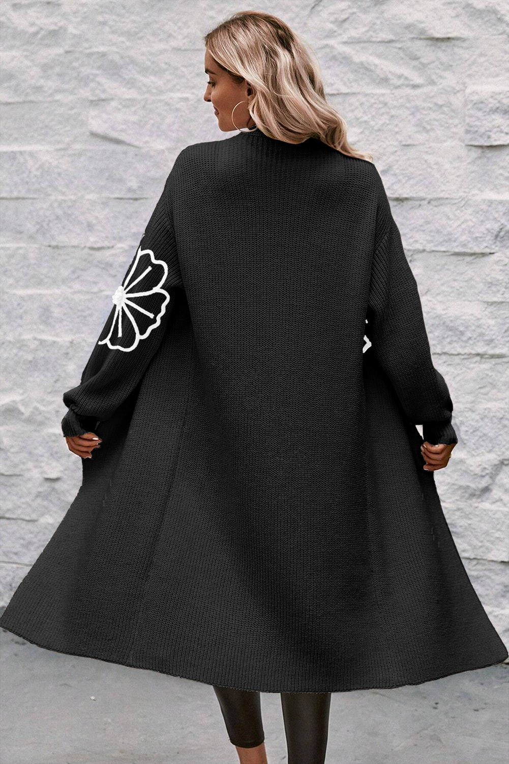 Flower Embroidered Drop Shoulder Open Front Duster Cardigan