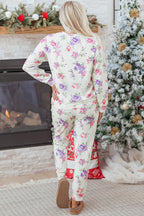 Apricot Floral Print Pullover Drawstring Lounge Pants Set