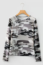 Western Fashion Camouflage Print Mesh Long Sleeve Top
