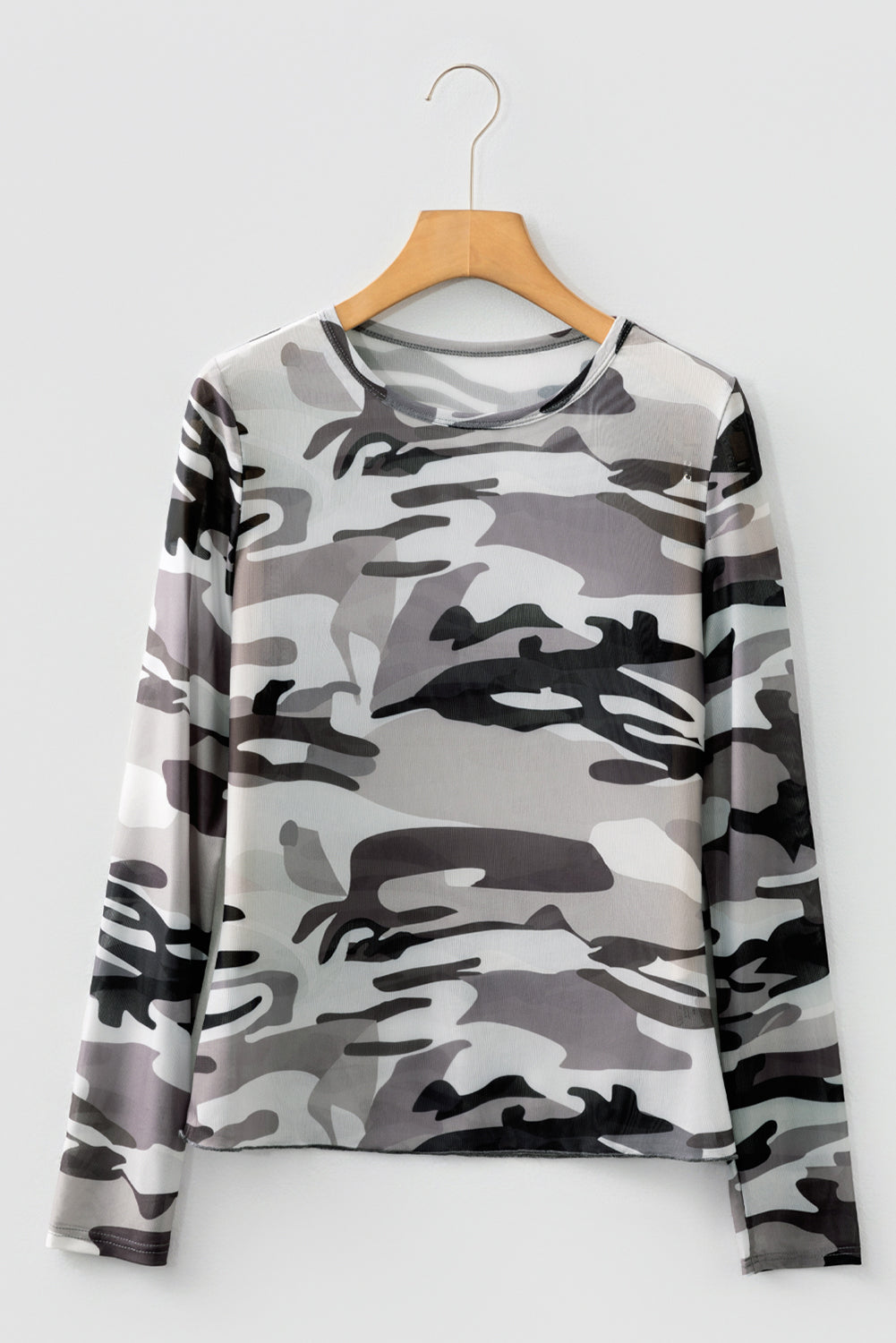 Western Fashion Camouflage Print Mesh Long Sleeve Top