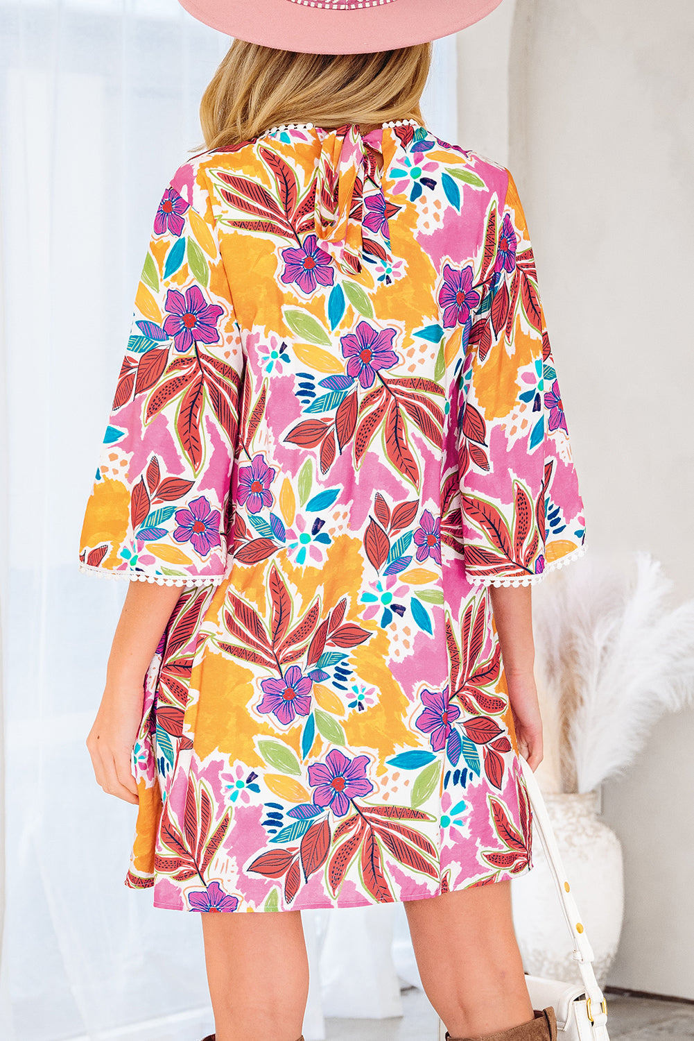 Pink Floral Print Lace Trimmed Tie Back Bell Sleeve Swing Mini Dress