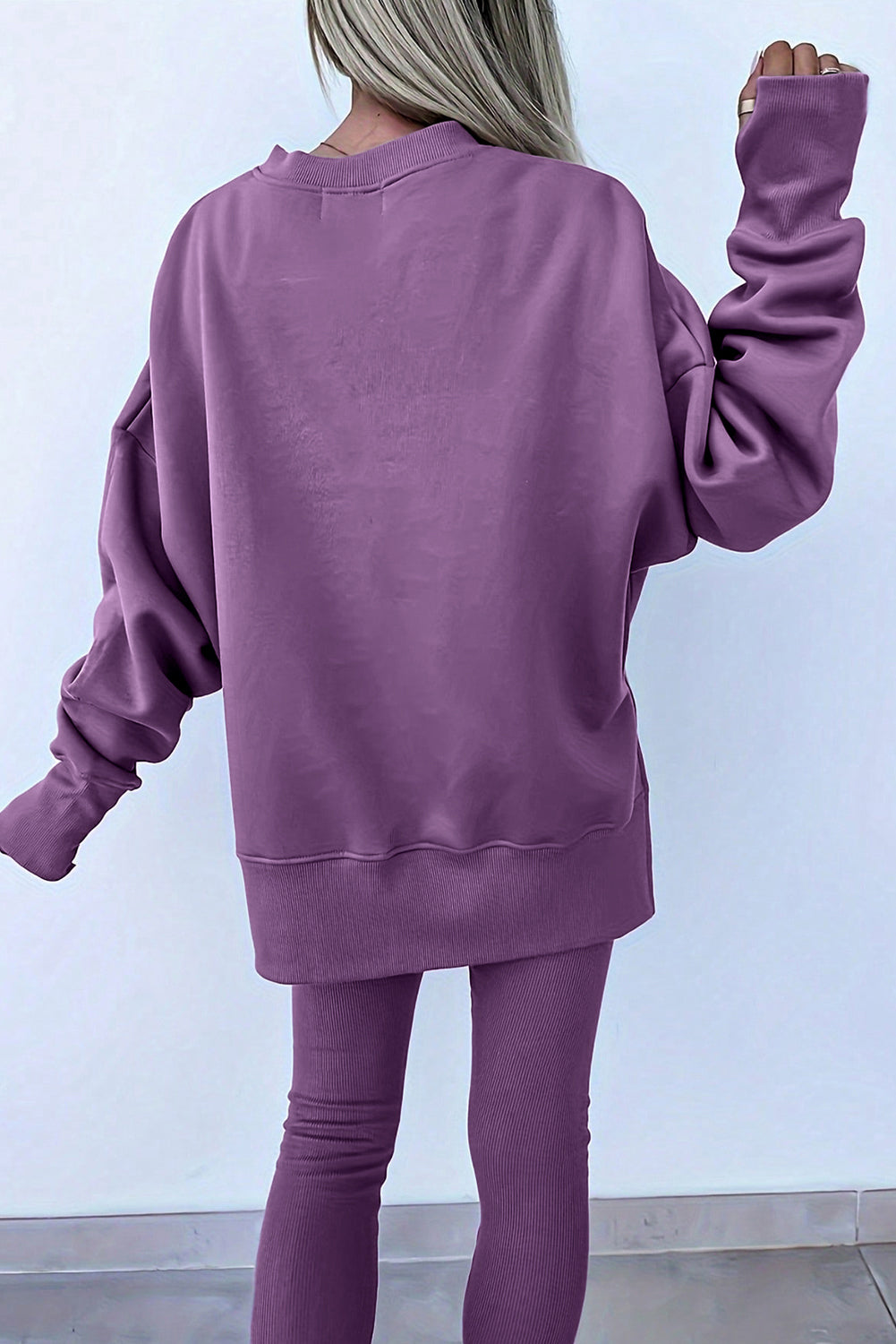 Solid Color Oversize Slit Sweatshirt Ribbed Leggings 2pcs Set